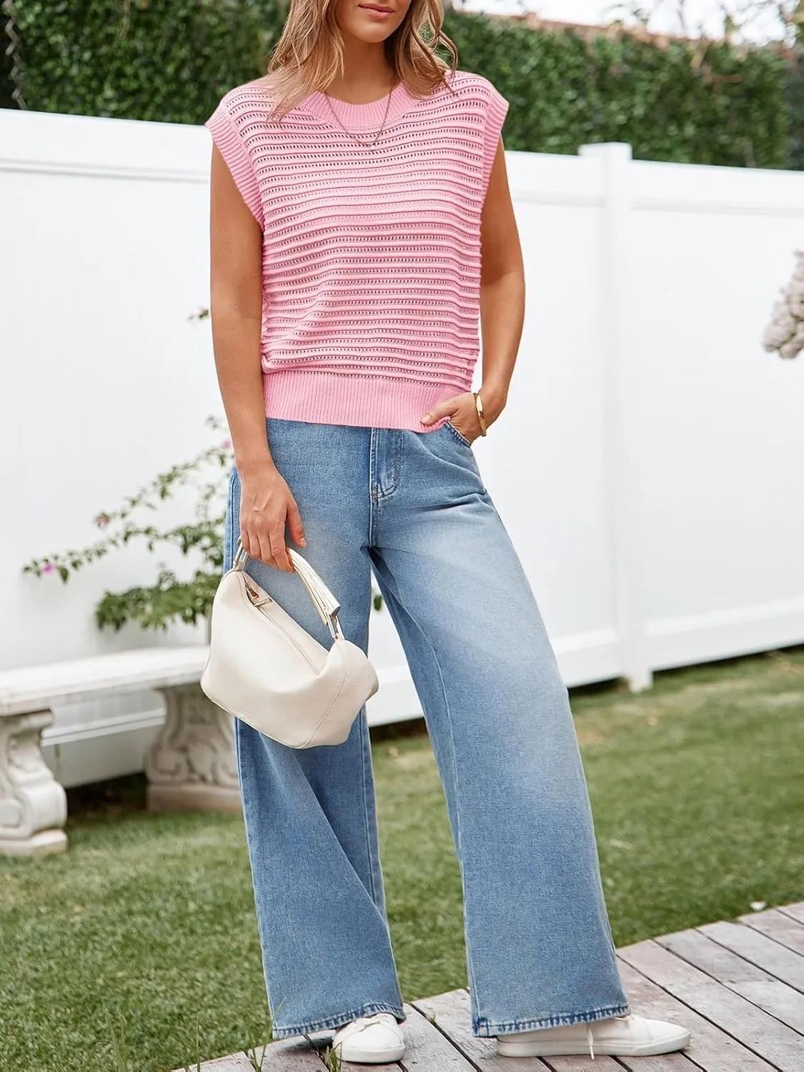 Lueluoye Women's Summer Knit Sweater Vest Cap Sleeve Casual Trendy Crew Neck Ribbed Pullover Tank Tops