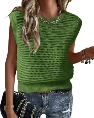 Lueluoye Women's Summer Knit Sweater Vest Cap Sleeve Casual Trendy Crew Neck Ribbed Pullover Tank Tops