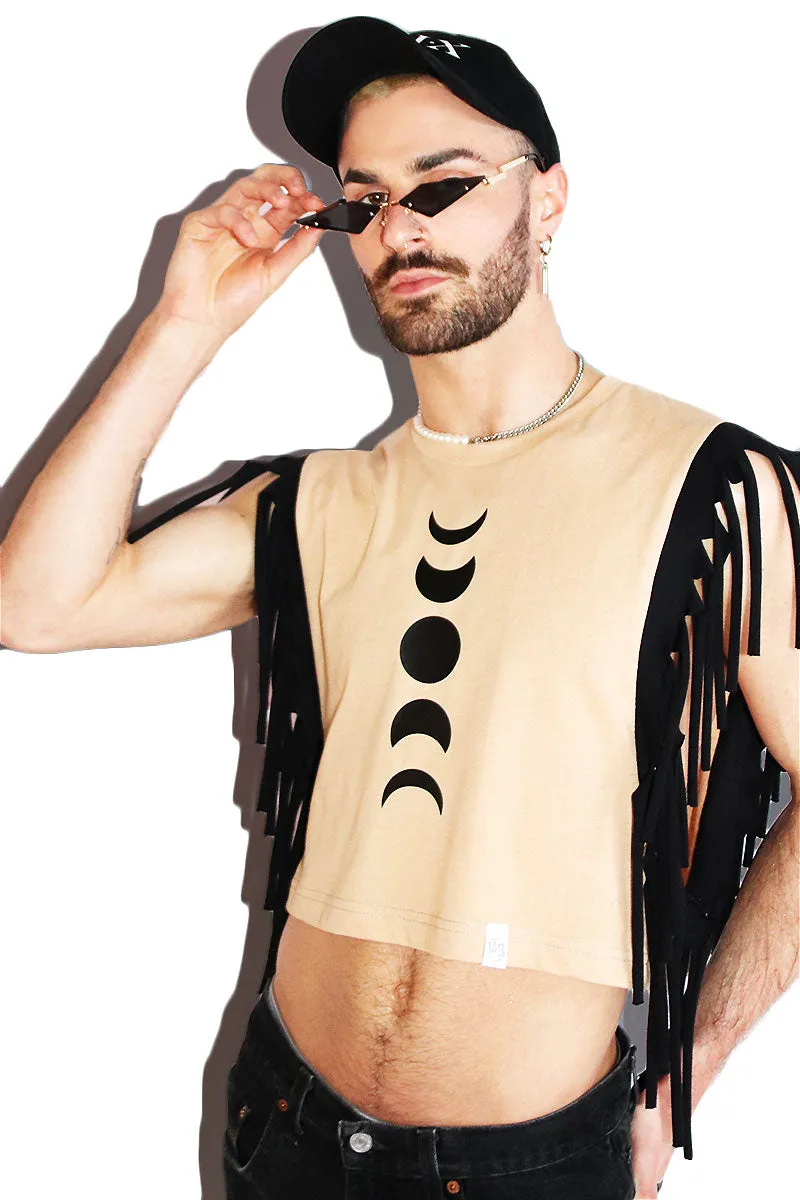 Lunar Phases Fringe Crop Low Armhole Tank- Sand
