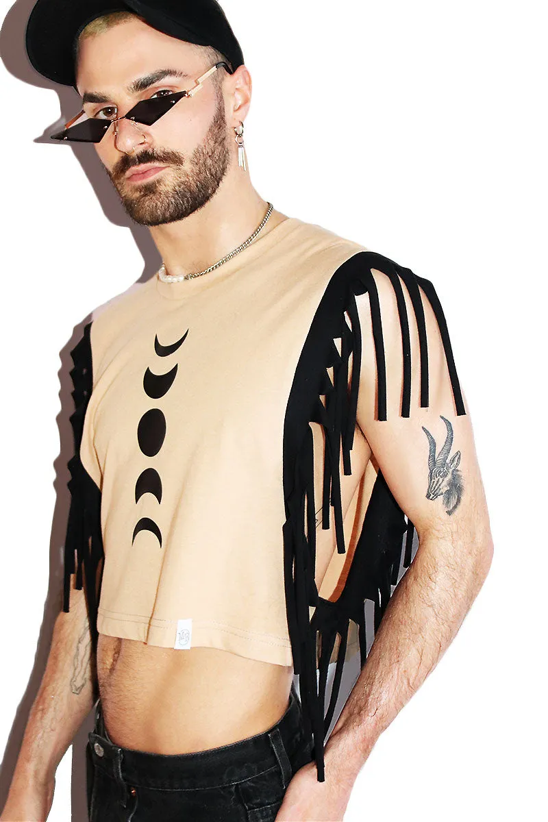 Lunar Phases Fringe Crop Low Armhole Tank- Sand