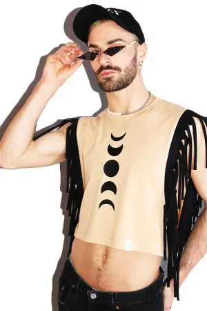 Lunar Phases Fringe Crop Low Armhole Tank- Sand