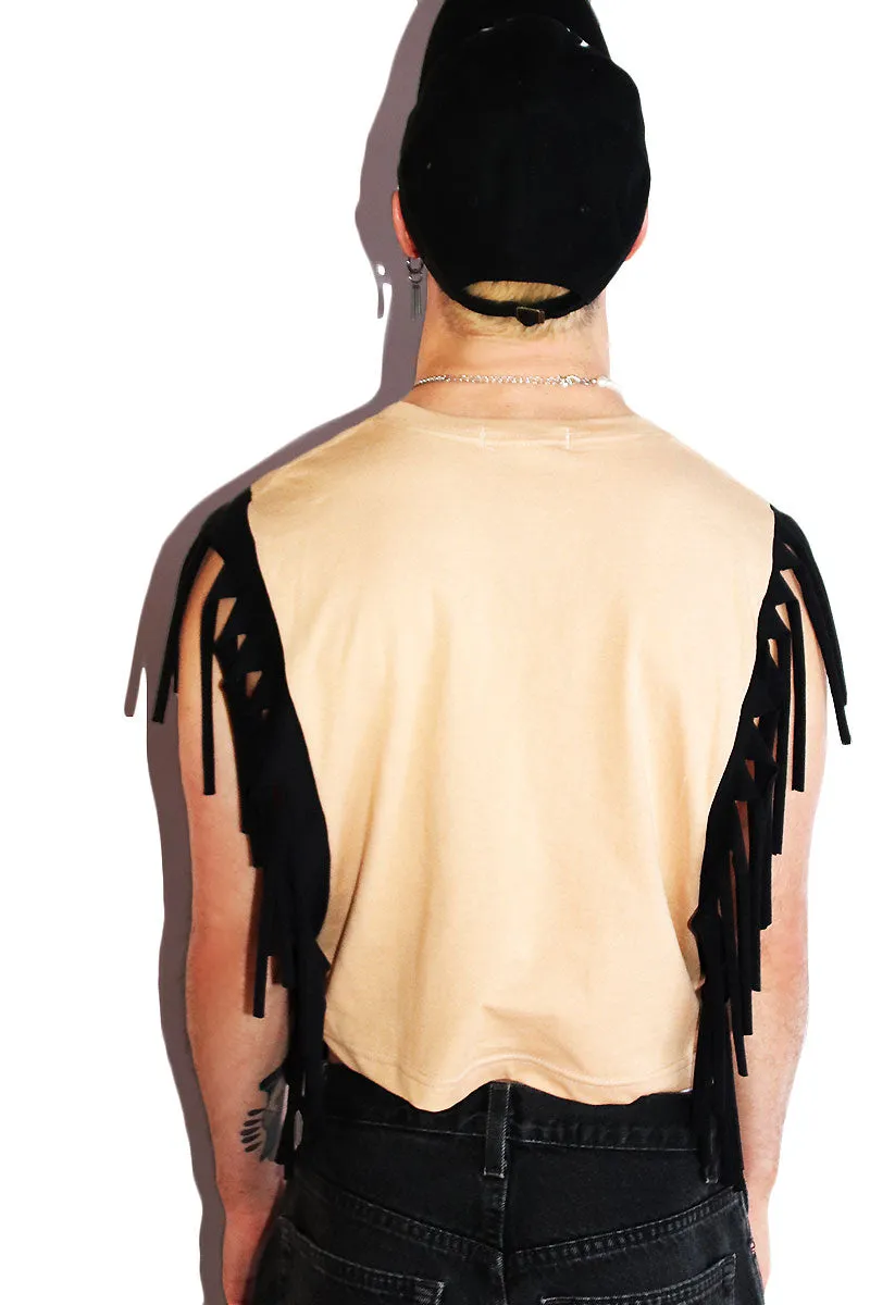 Lunar Phases Fringe Crop Low Armhole Tank- Sand