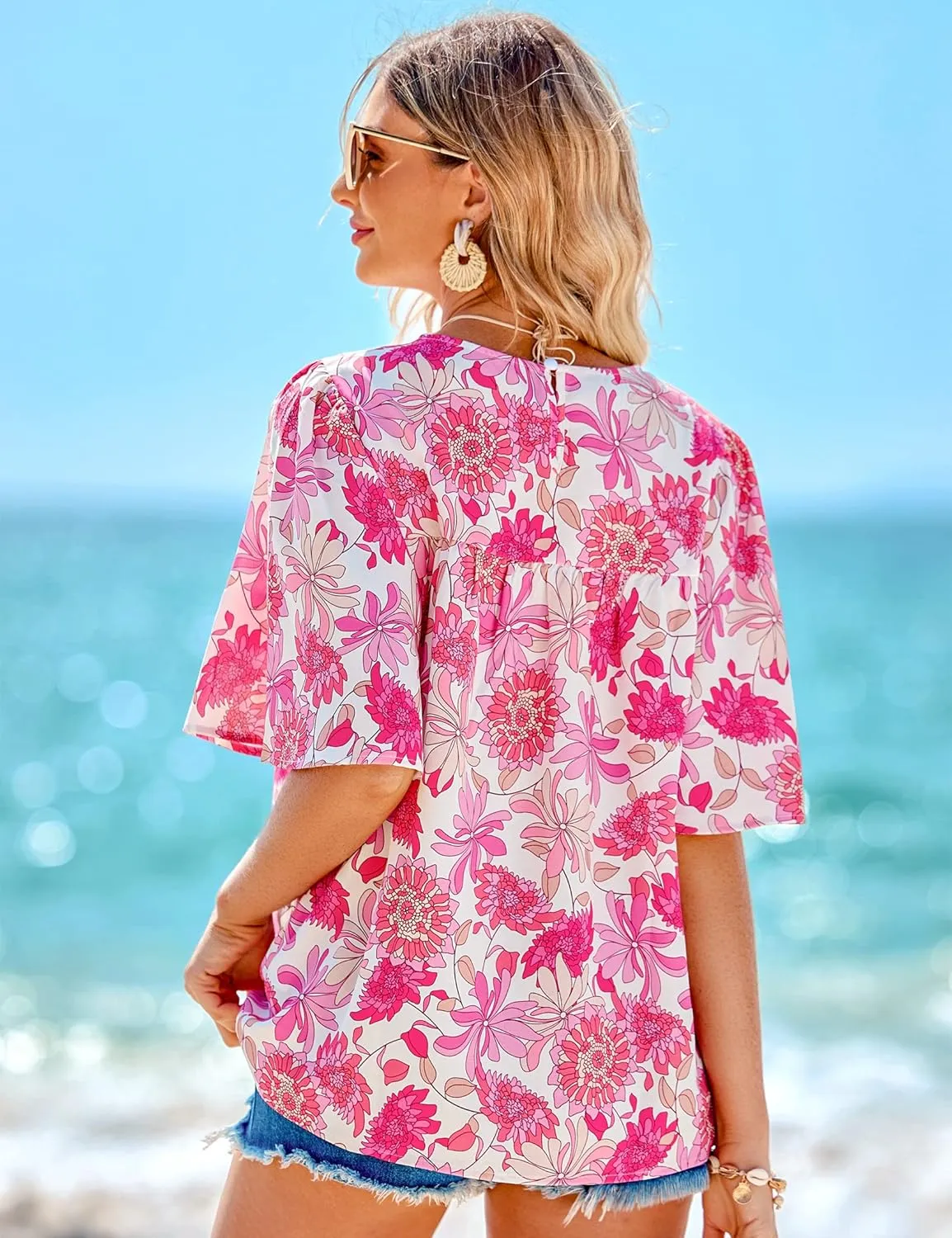 luvamia 2025 Blouses for Women Dressy Casual Floral Boho Babydoll Flowy Tops Summer Short Bell Sleeves Shirts