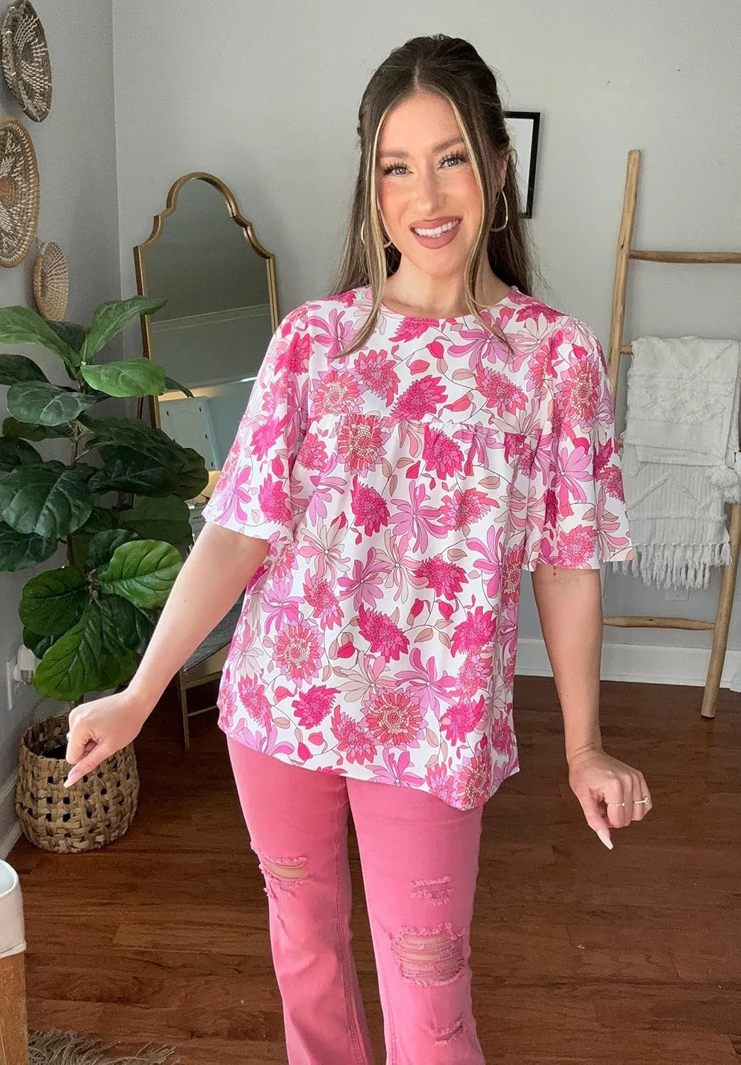 luvamia 2025 Blouses for Women Dressy Casual Floral Boho Babydoll Flowy Tops Summer Short Bell Sleeves Shirts