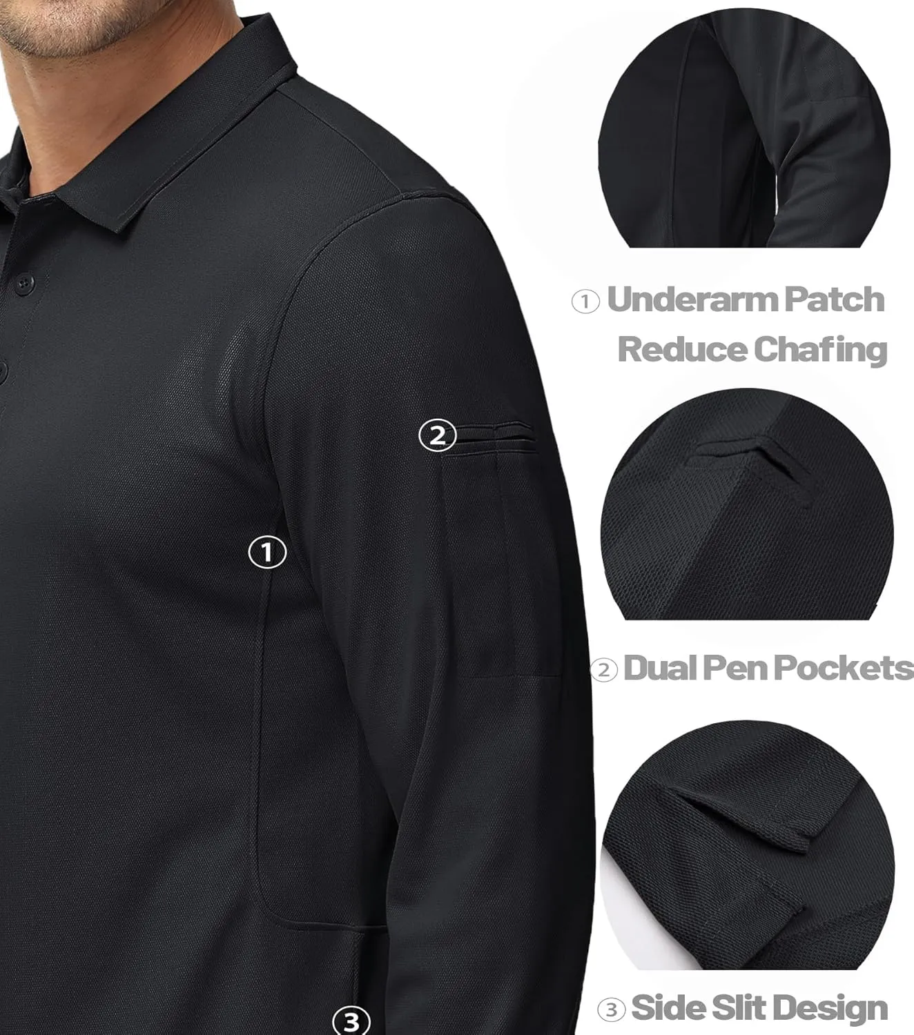 MAGCOMSEN Men's Polo Shirts 3 Button Quick Dry Performance Long Sleeve Tactical Shirts Pique Jersey Golf Shirt