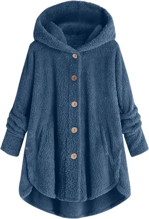 maisdgop Fleece Jacket Women Long Sleeve Sherpa Hooded Coats Winter Fall Warm Fuzzy Jackets Plus Size Button Plush Outerwear