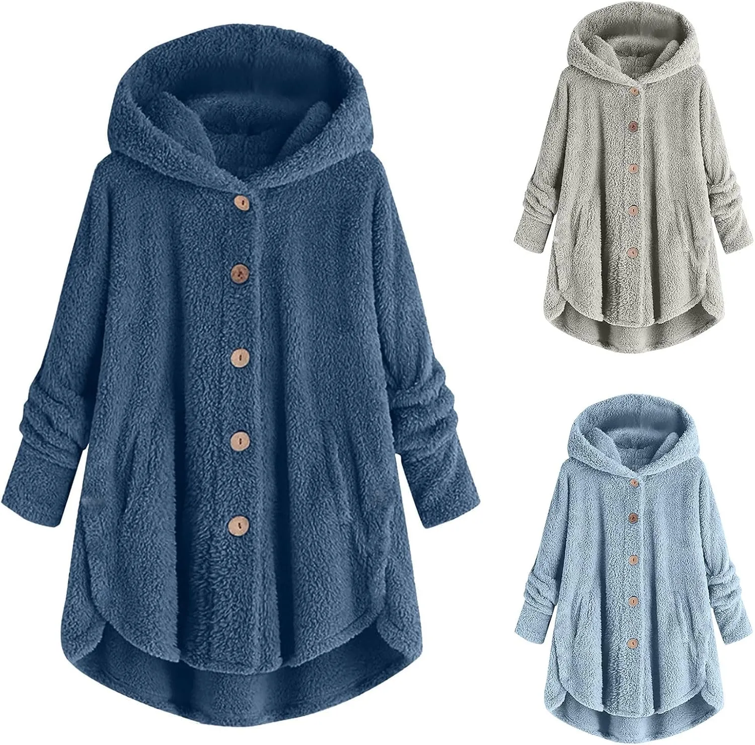 maisdgop Fleece Jacket Women Long Sleeve Sherpa Hooded Coats Winter Fall Warm Fuzzy Jackets Plus Size Button Plush Outerwear