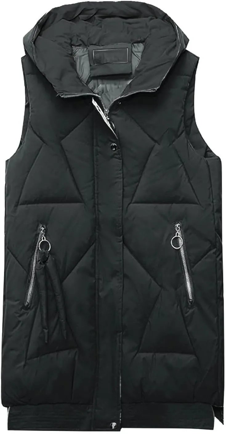 maisdgop Womens Long Puffer Vest Plus Size Zipper Down Jacket Coat 2024 Fashion Winter Cotton Padded Warm Hooded Outerwear