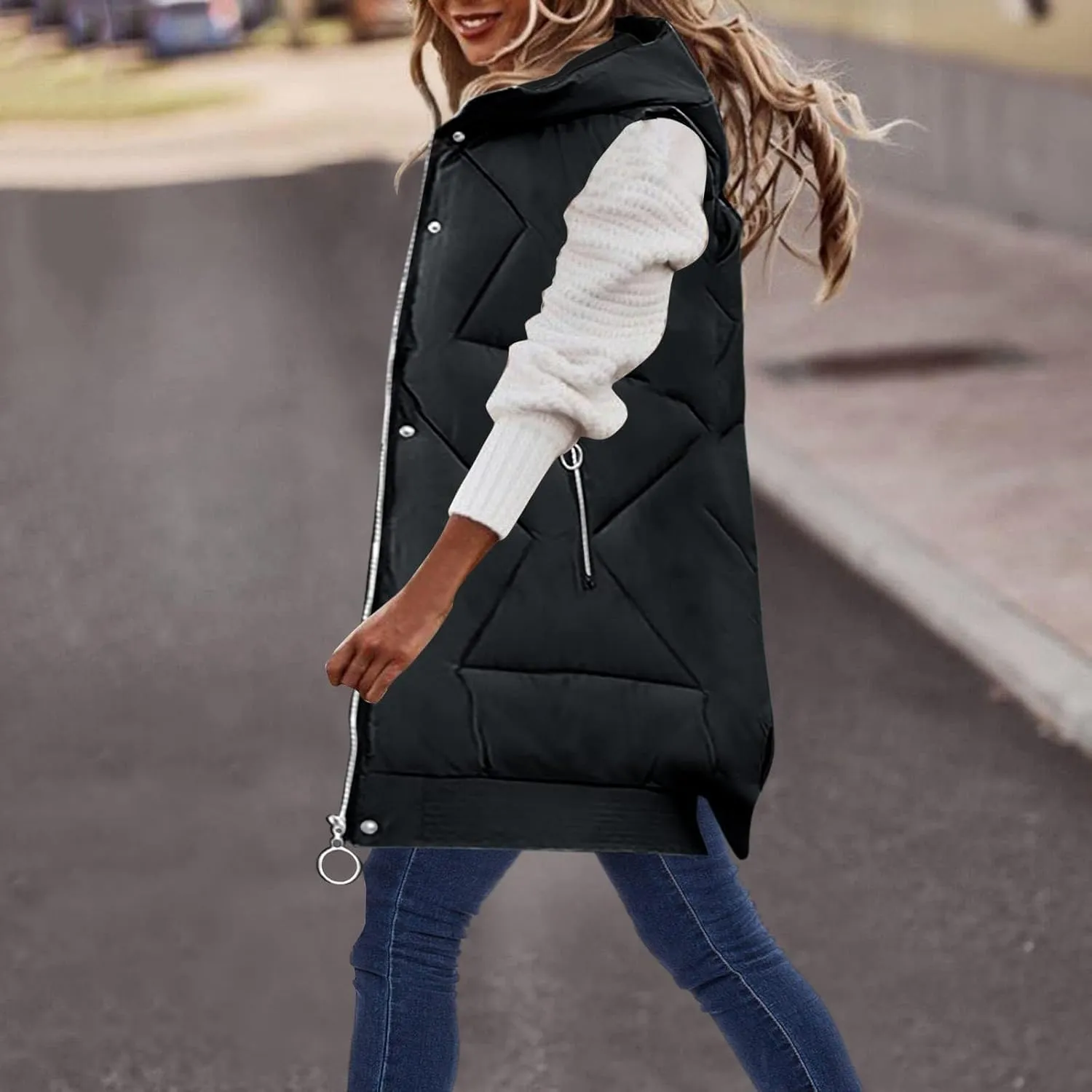 maisdgop Womens Long Puffer Vest Plus Size Zipper Down Jacket Coat 2024 Fashion Winter Cotton Padded Warm Hooded Outerwear