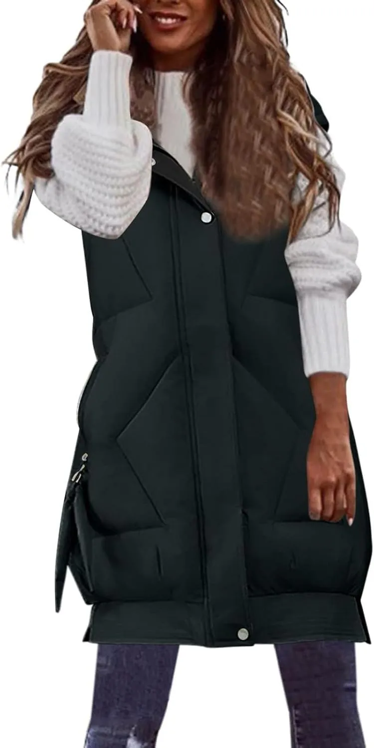 maisdgop Womens Long Puffer Vest Plus Size Zipper Down Jacket Coat 2024 Fashion Winter Cotton Padded Warm Hooded Outerwear