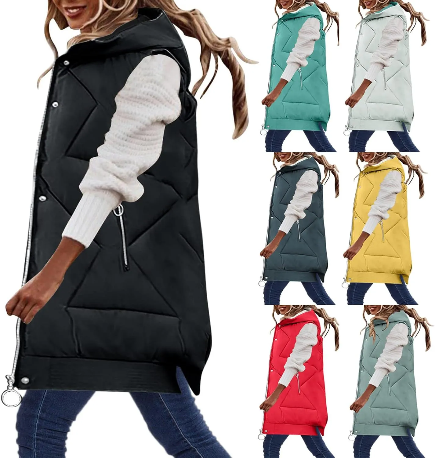 maisdgop Womens Long Puffer Vest Plus Size Zipper Down Jacket Coat 2024 Fashion Winter Cotton Padded Warm Hooded Outerwear