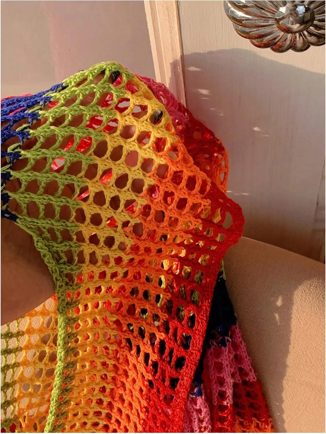 MakeMeChic Women's Rainbow Striped Crochet Shrug Top Bell Sleeve Crop Tops Hollow Out Sweater