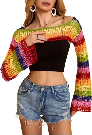 MakeMeChic Women's Rainbow Striped Crochet Shrug Top Bell Sleeve Crop Tops Hollow Out Sweater