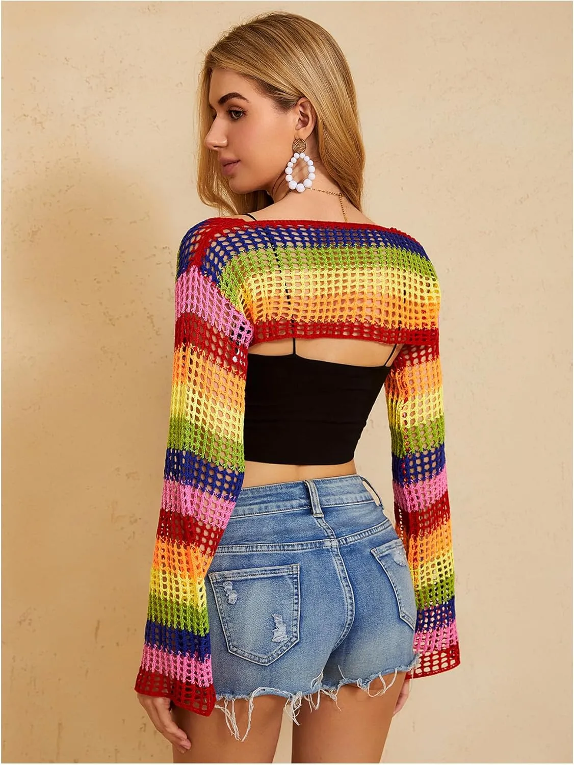 MakeMeChic Women's Rainbow Striped Crochet Shrug Top Bell Sleeve Crop Tops Hollow Out Sweater
