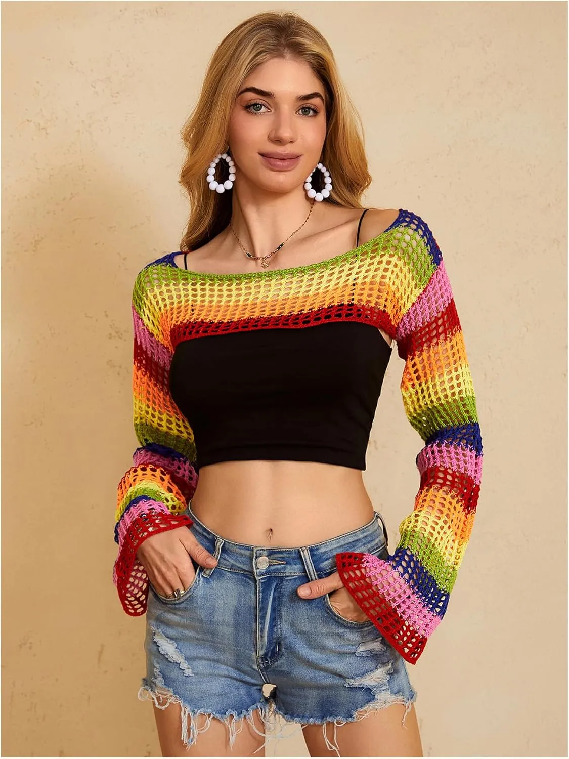 MakeMeChic Women's Rainbow Striped Crochet Shrug Top Bell Sleeve Crop Tops Hollow Out Sweater