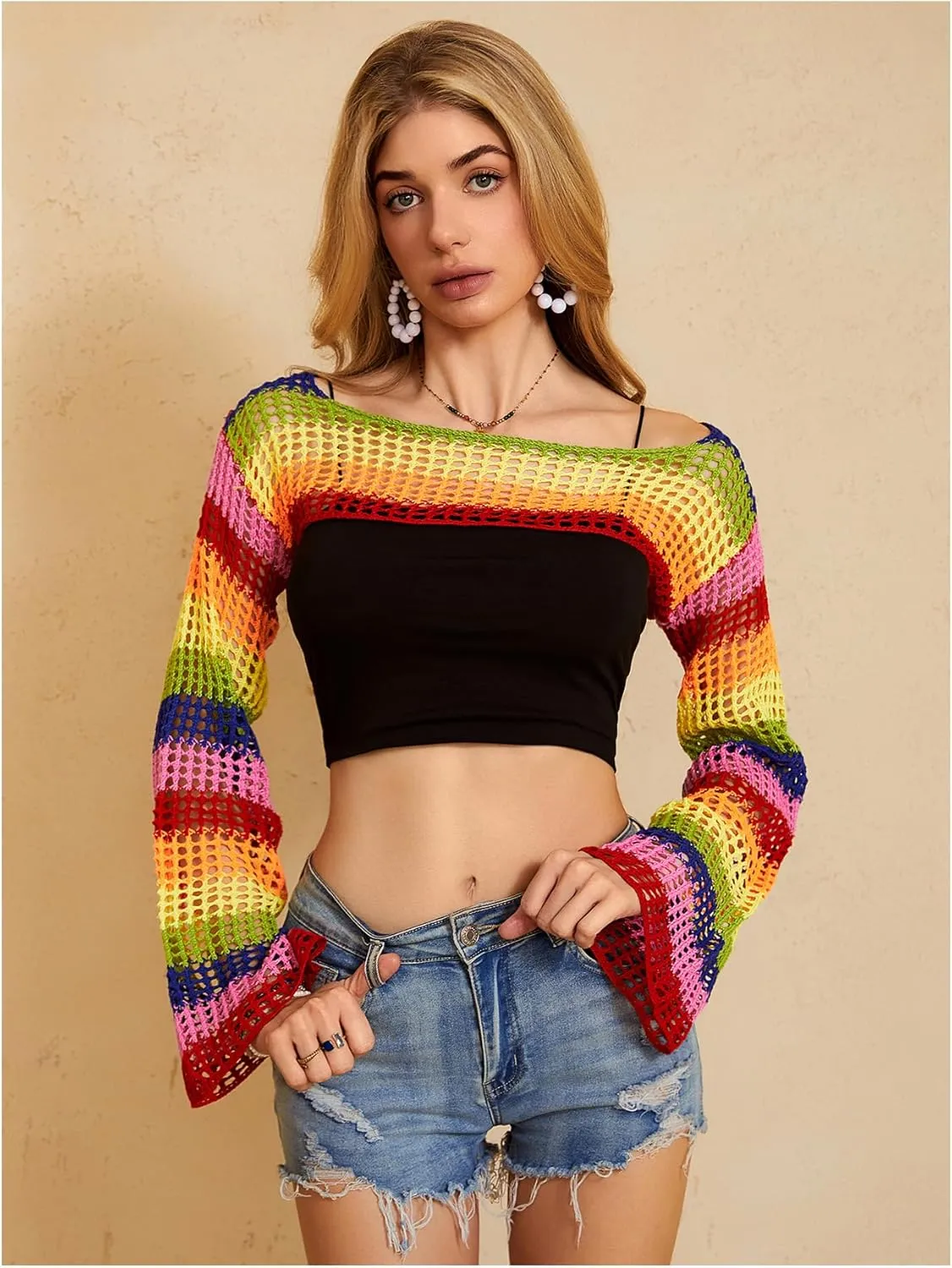 MakeMeChic Women's Rainbow Striped Crochet Shrug Top Bell Sleeve Crop Tops Hollow Out Sweater