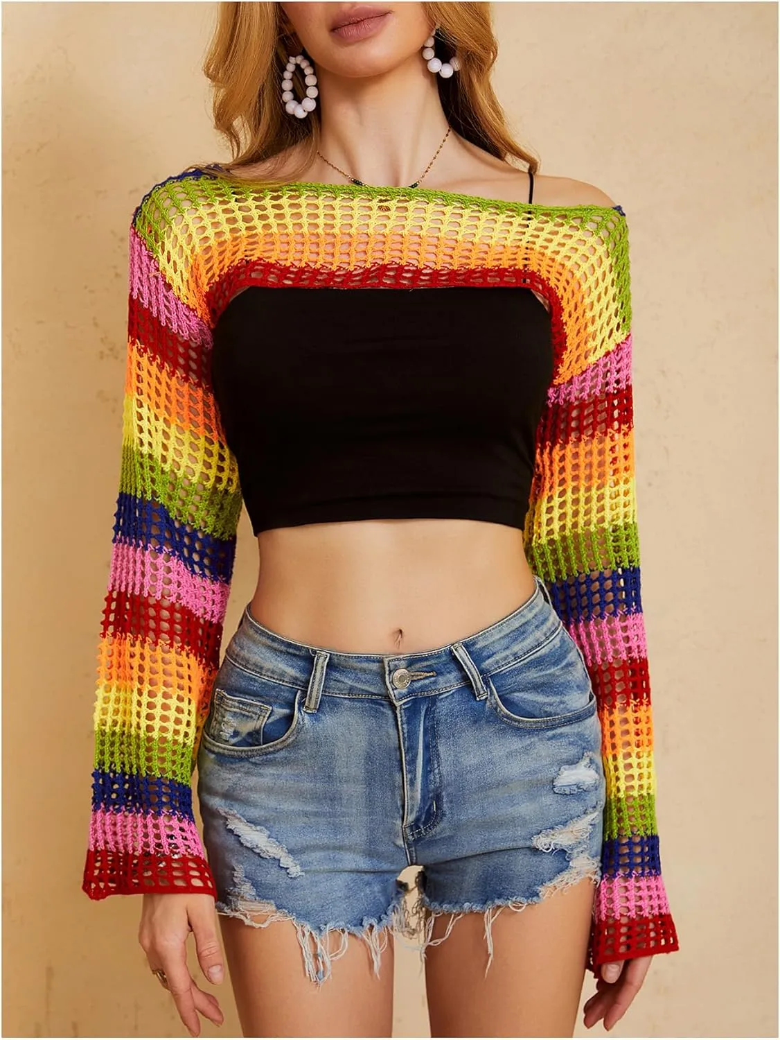 MakeMeChic Women's Rainbow Striped Crochet Shrug Top Bell Sleeve Crop Tops Hollow Out Sweater