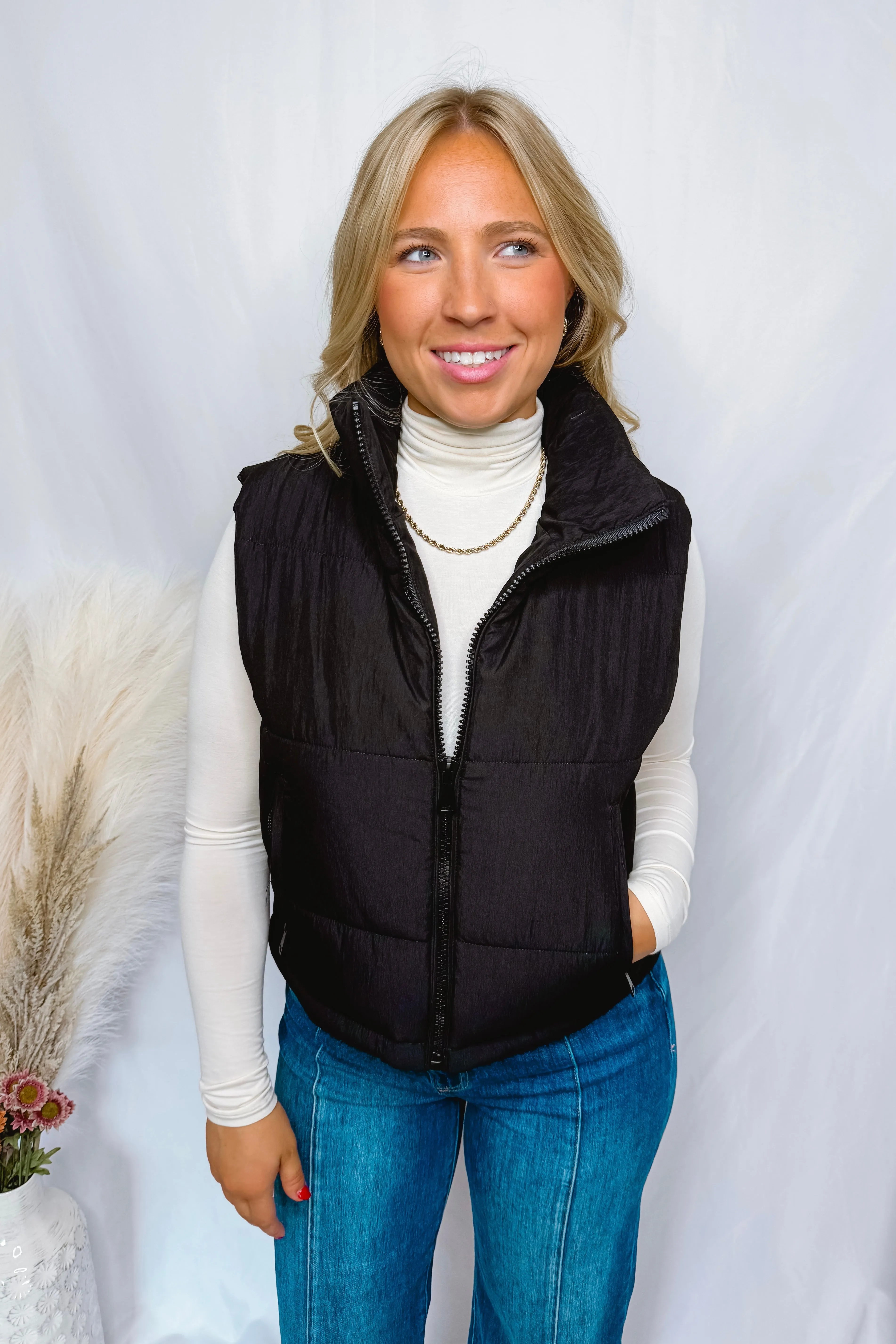 Marnie Zip Up Puff Vest - Black