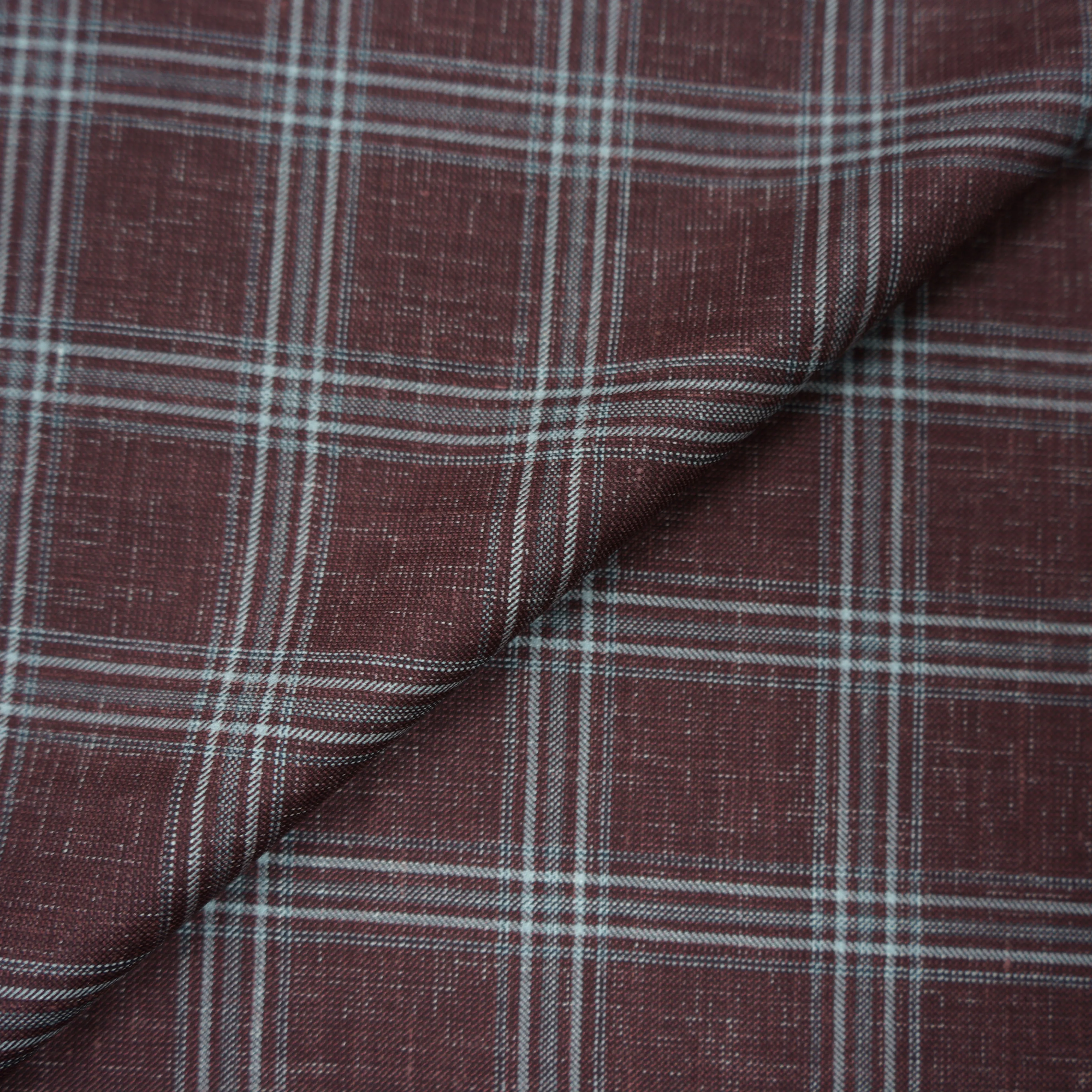 Maroon White Plaid Pattern Dormeuil Silk Wool DorSilk Fabric