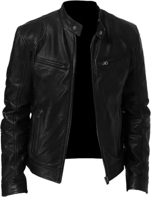 Men Slim Fit Motorcyle Leather Jacket Zip-Up Windbreaker Leather Jackets Lightweight PU Biker Vintage Coat