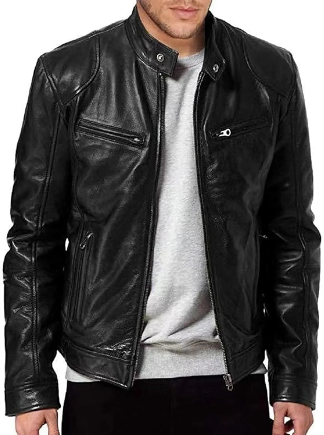 Men Slim Fit Motorcyle Leather Jacket Zip-Up Windbreaker Leather Jackets Lightweight PU Biker Vintage Coat