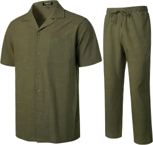 Men's 2 Piece Outfits Summer Relaxed Fit Walking Suit Casual Cuban Guayabera Shirt and Pants Set Beach Vacation