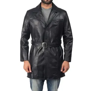 Men's Black Sheepskin Leather Trench Coat - Stylish & Warm