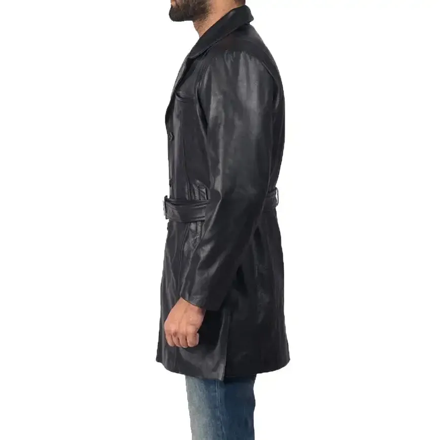 Men's Black Sheepskin Leather Trench Coat - Stylish & Warm