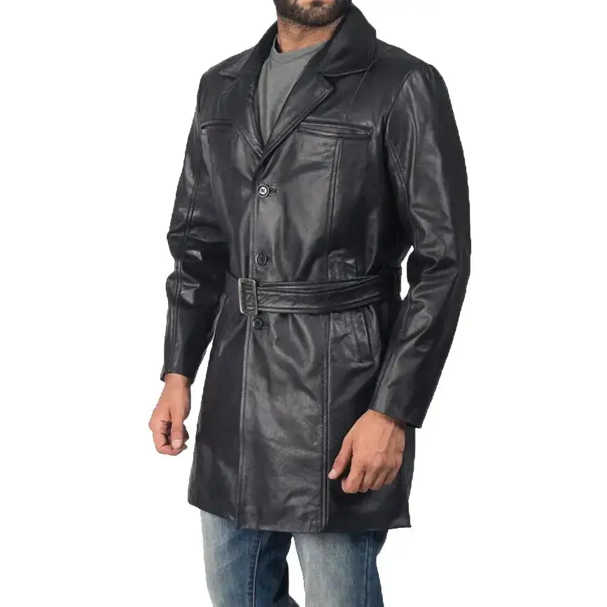 Men's Black Sheepskin Leather Trench Coat - Stylish & Warm
