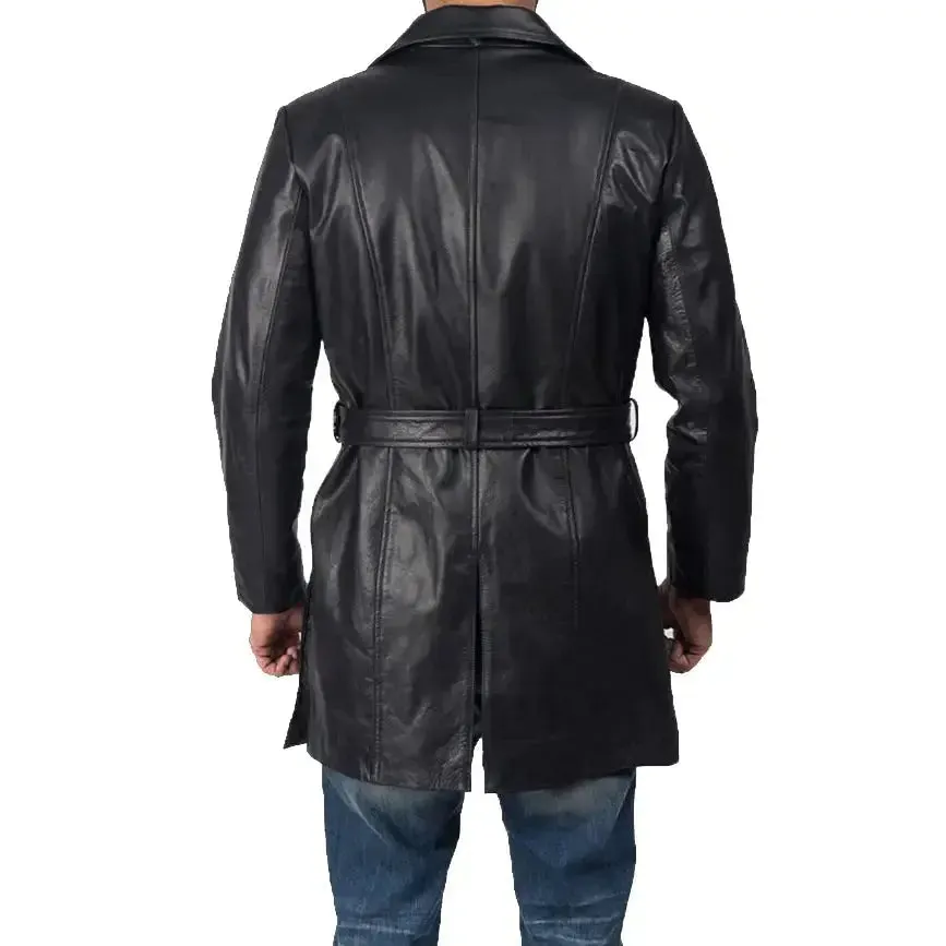 Men's Black Sheepskin Leather Trench Coat - Stylish & Warm