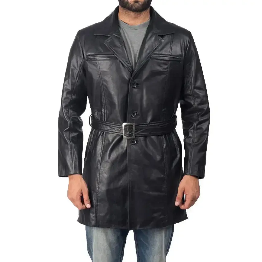 Men's Black Sheepskin Leather Trench Coat - Stylish & Warm