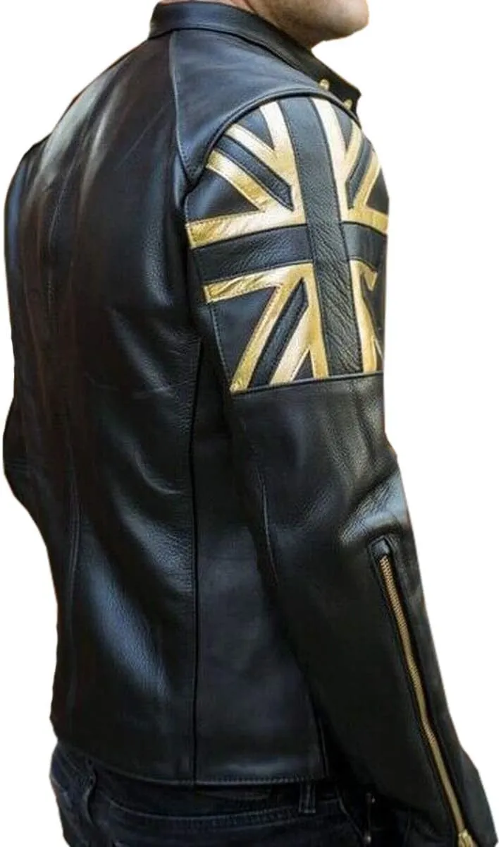 Men's Cafe Racer Union Jack British Flag Jacket - Vintage Biker Genuine Leather Jacket