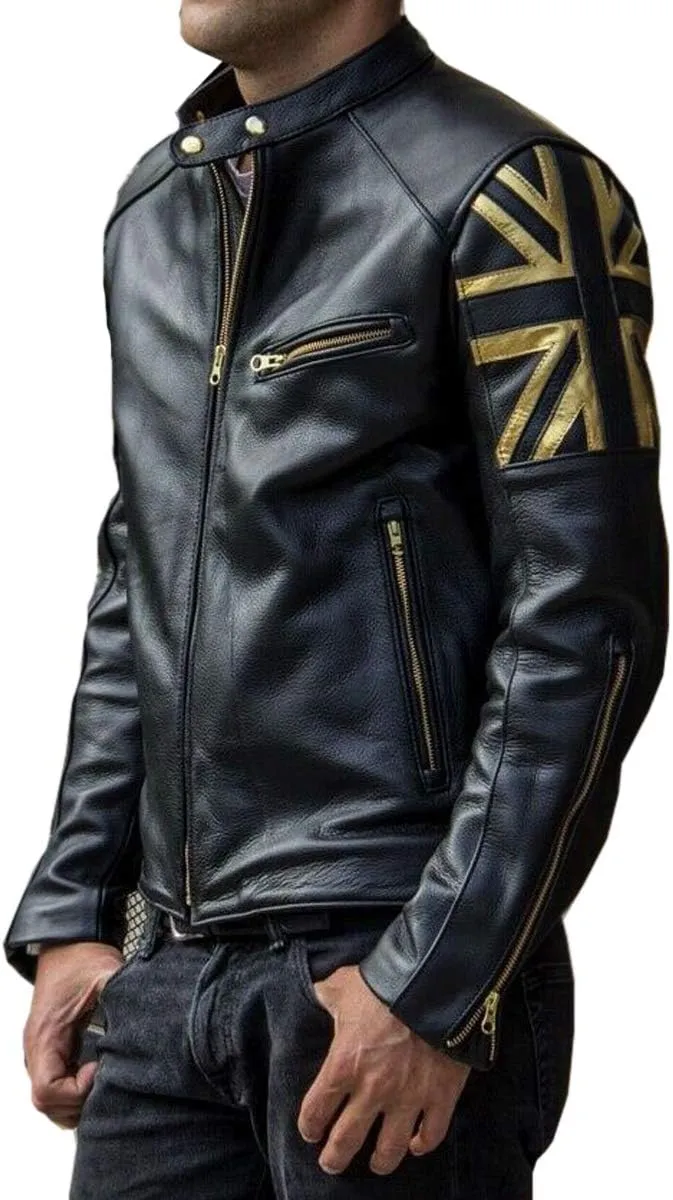 Men's Cafe Racer Union Jack British Flag Jacket - Vintage Biker Genuine Leather Jacket