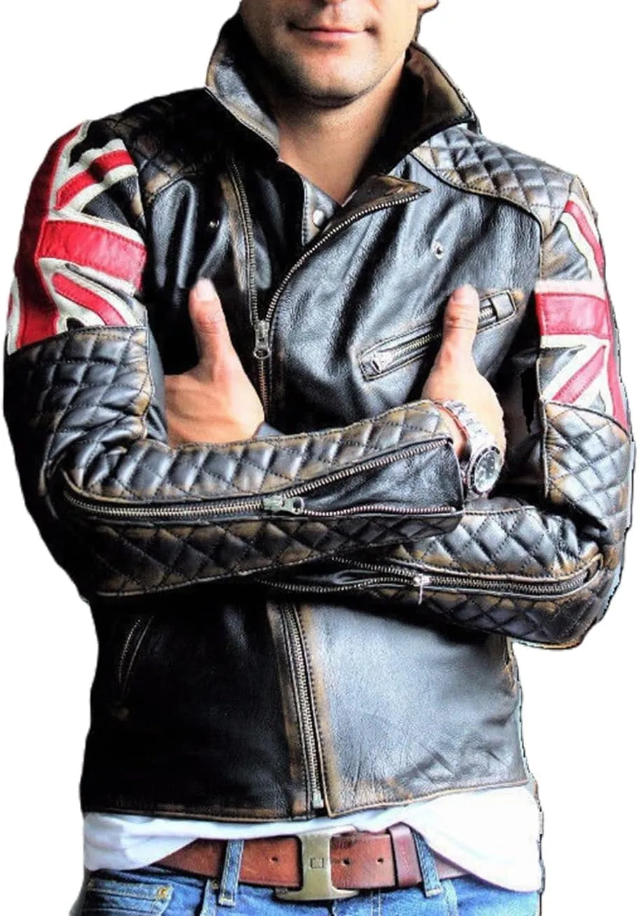 Men's Cafe Racer Union Jack British Flag Jacket - Vintage Biker Genuine Leather Jacket