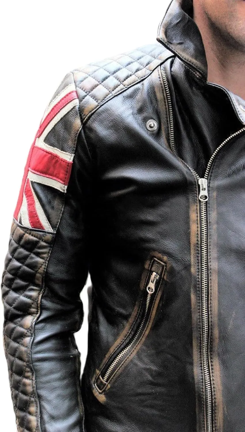 Men's Cafe Racer Union Jack British Flag Jacket - Vintage Biker Genuine Leather Jacket