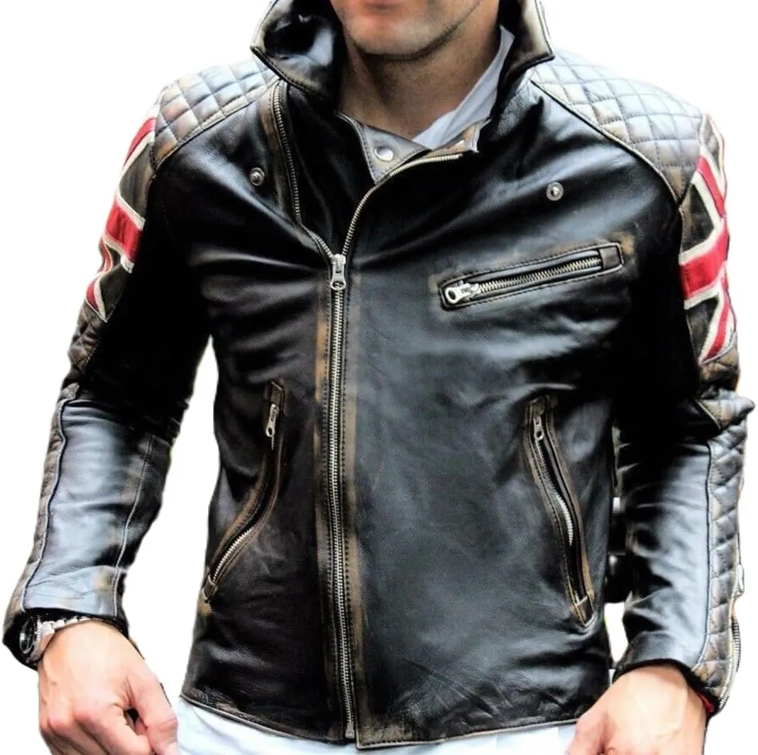 Men's Cafe Racer Union Jack British Flag Jacket - Vintage Biker Genuine Leather Jacket