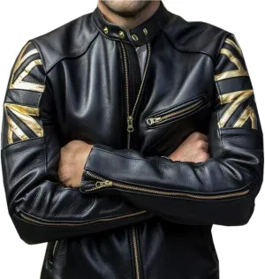 Men's Cafe Racer Union Jack British Flag Jacket - Vintage Biker Genuine Leather Jacket