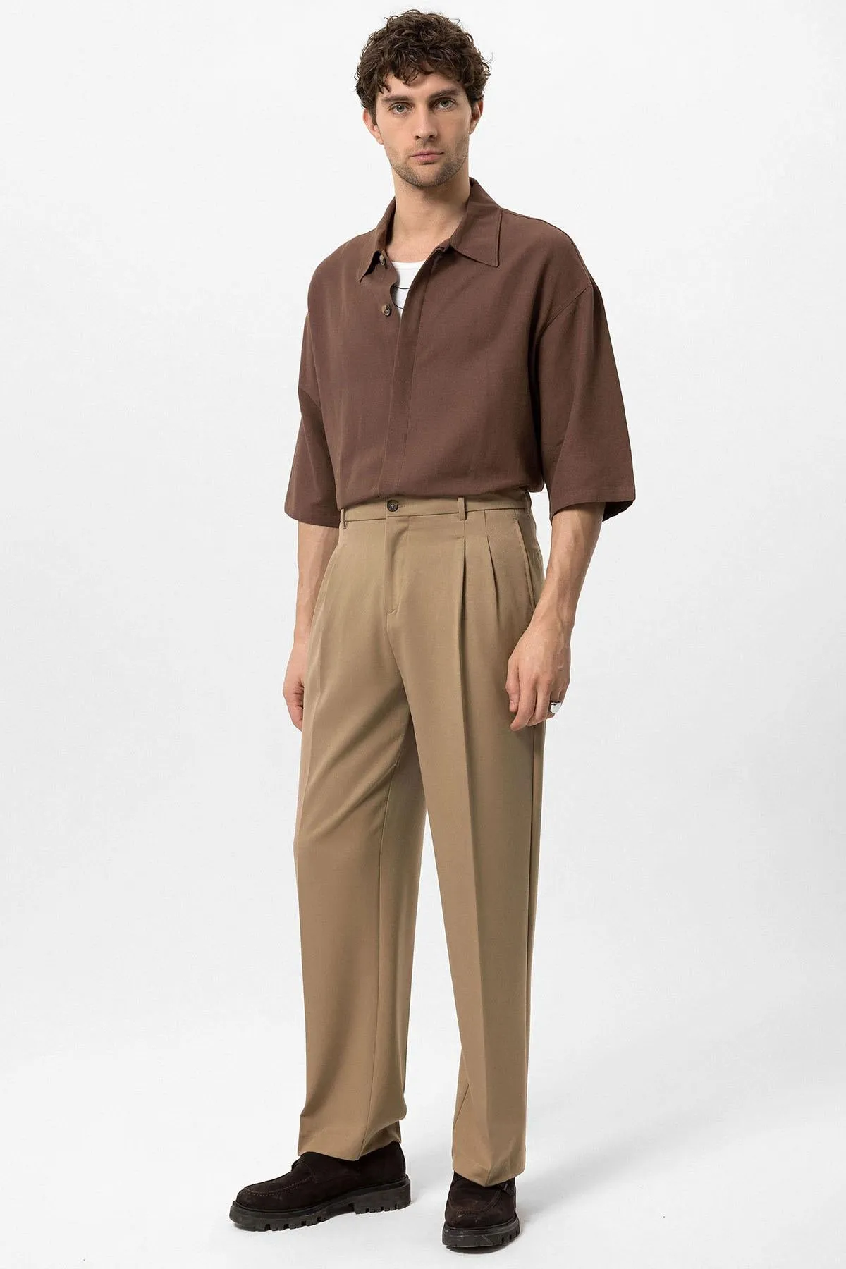 Men's Camel High Waist Pleated Comfortable Fit  Trousers - Wessi