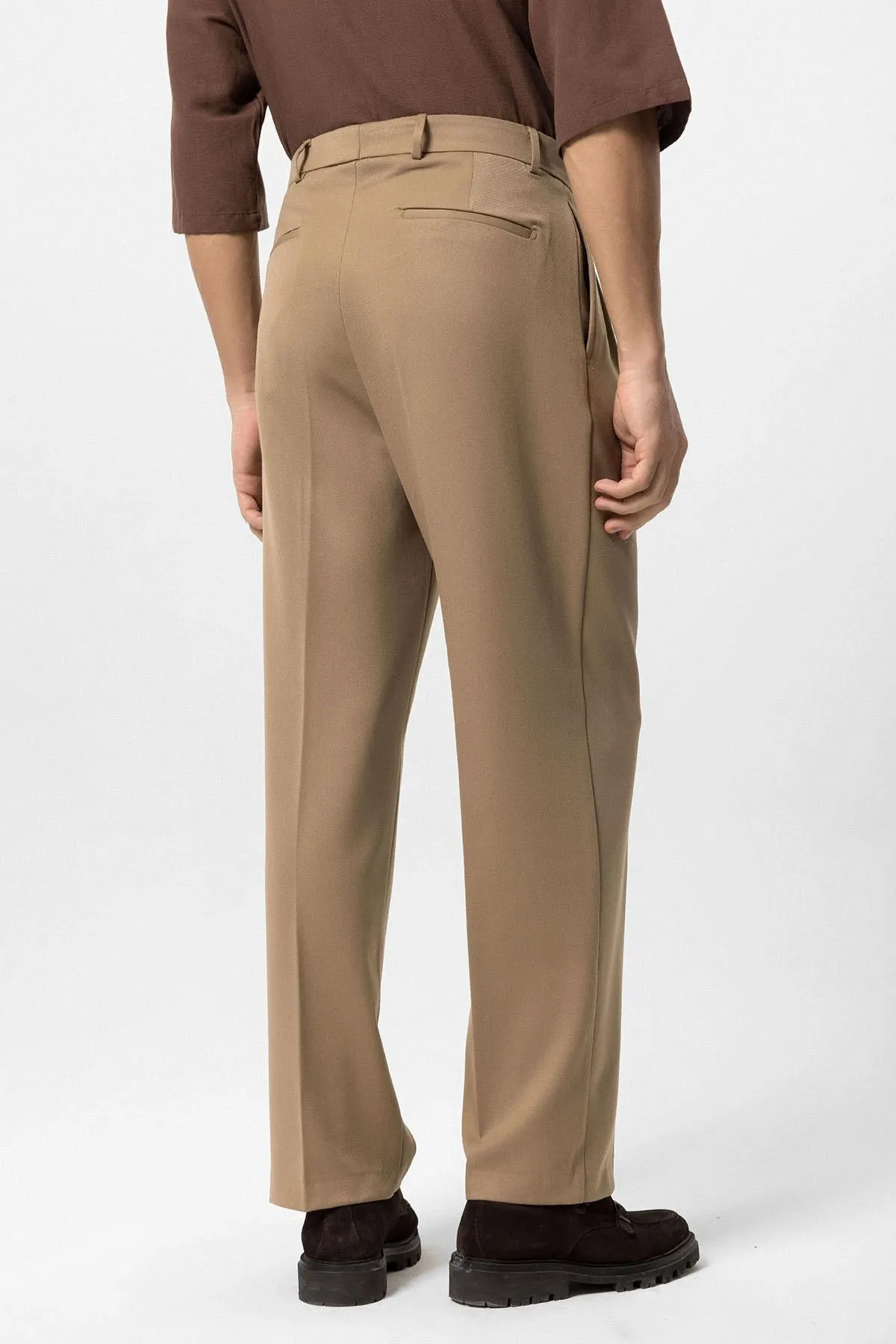 Men's Camel High Waist Pleated Comfortable Fit  Trousers - Wessi
