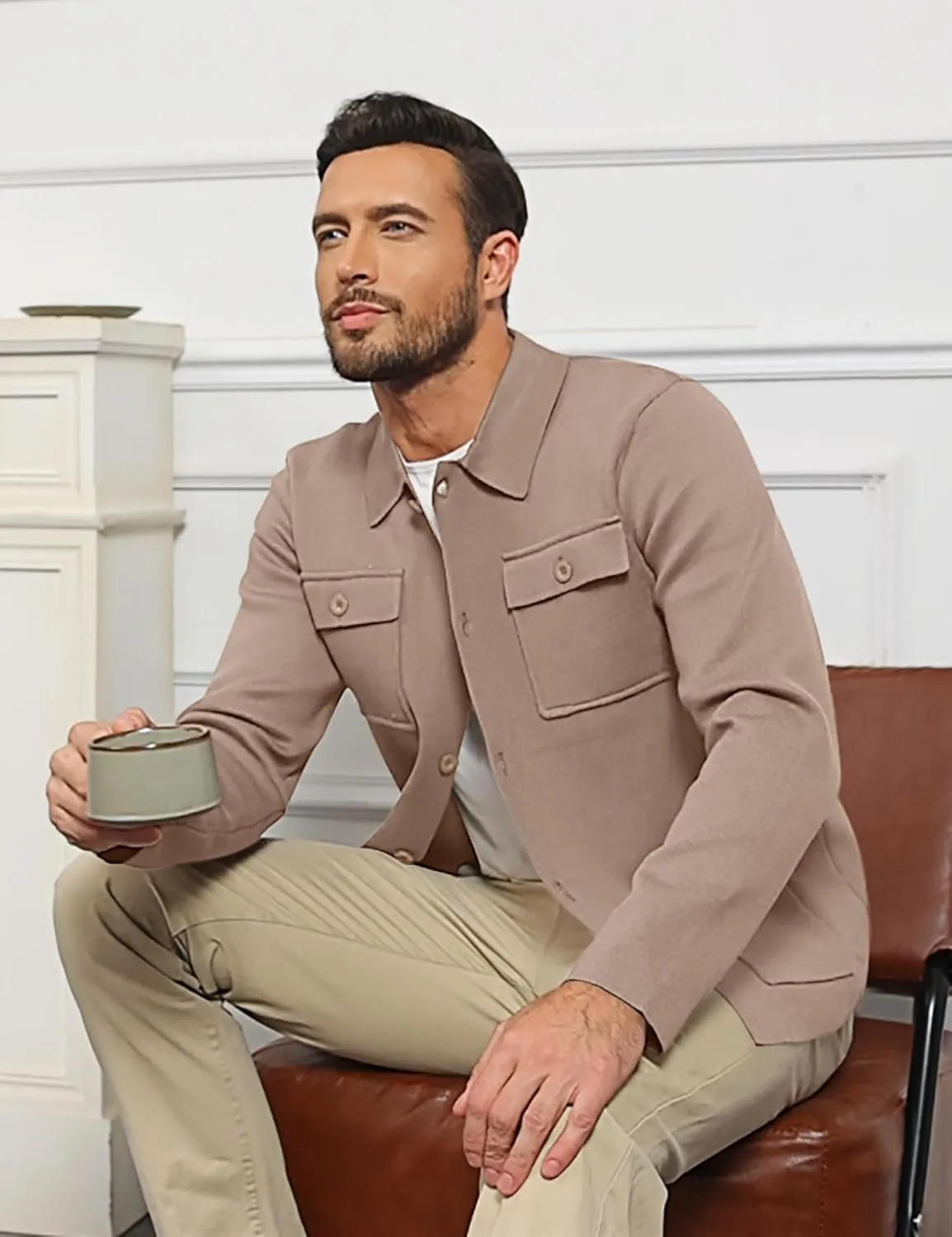 Men's Cardigan Sweater Casual Chunky Knit Multi-Pocket Lapel Collar Button Down Long Sleeve Sweater Fall Winter 2024