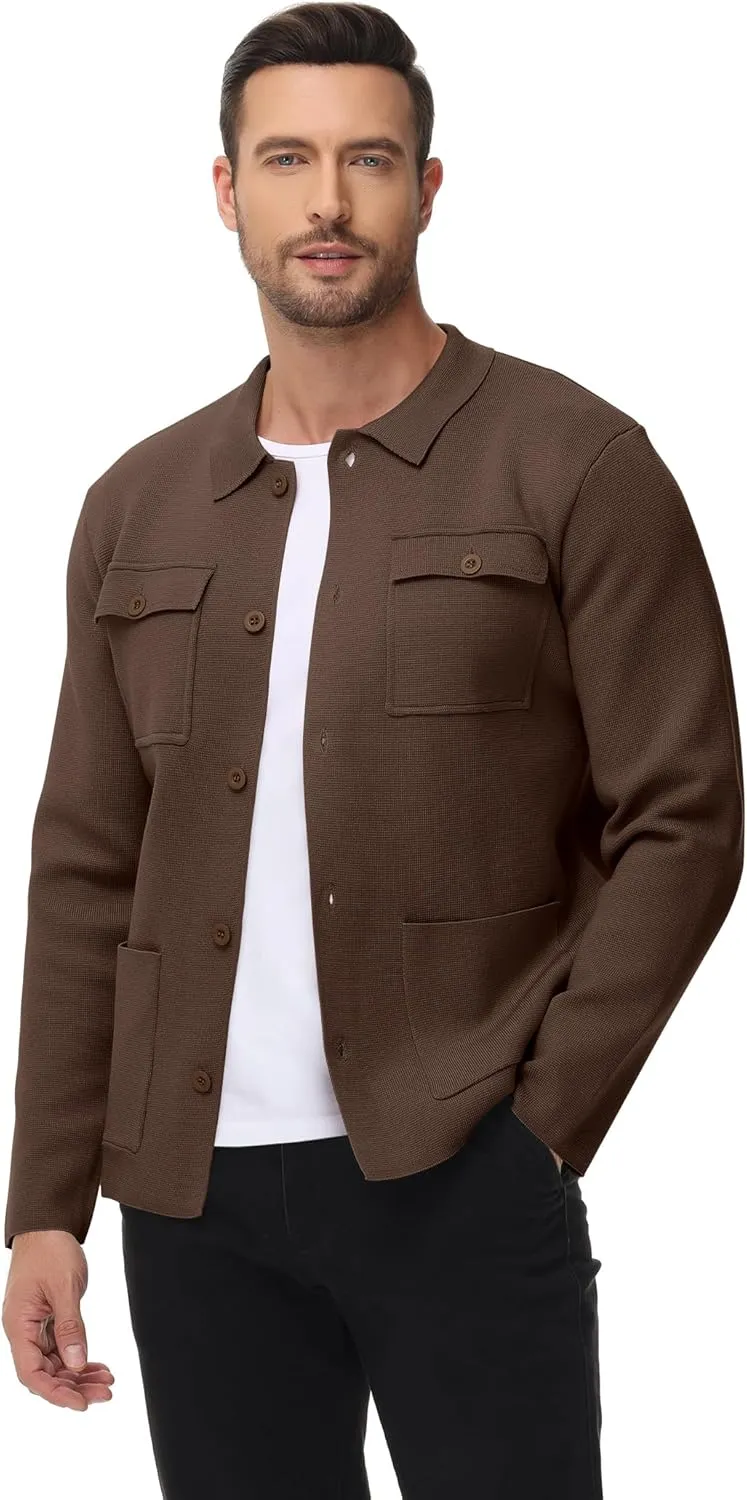 Men's Cardigan Sweater Casual Chunky Knit Multi-Pocket Lapel Collar Button Down Long Sleeve Sweater Fall Winter 2024