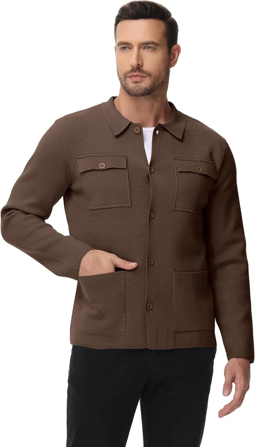 Men's Cardigan Sweater Casual Chunky Knit Multi-Pocket Lapel Collar Button Down Long Sleeve Sweater Fall Winter 2024