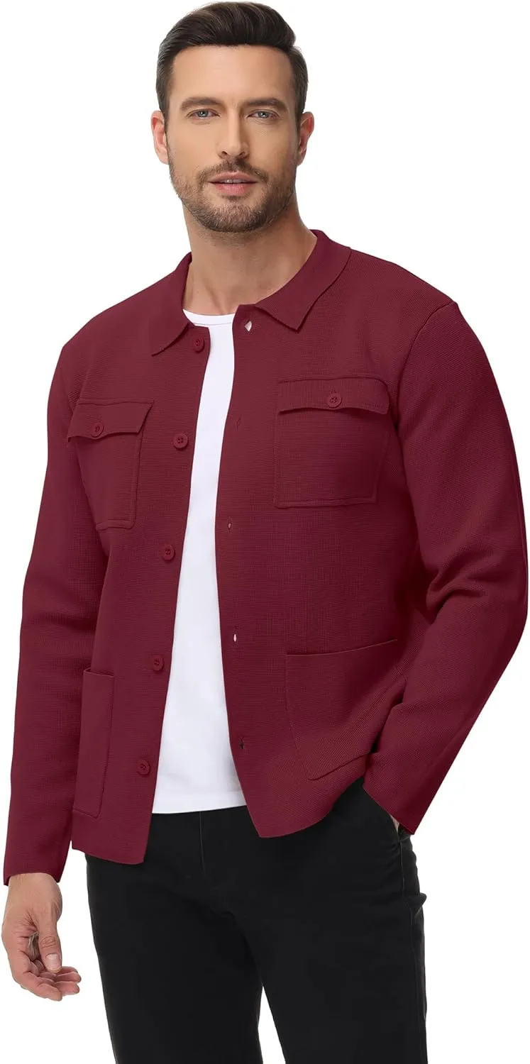 Men's Cardigan Sweater Casual Chunky Knit Multi-Pocket Lapel Collar Button Down Long Sleeve Sweater Fall Winter 2024