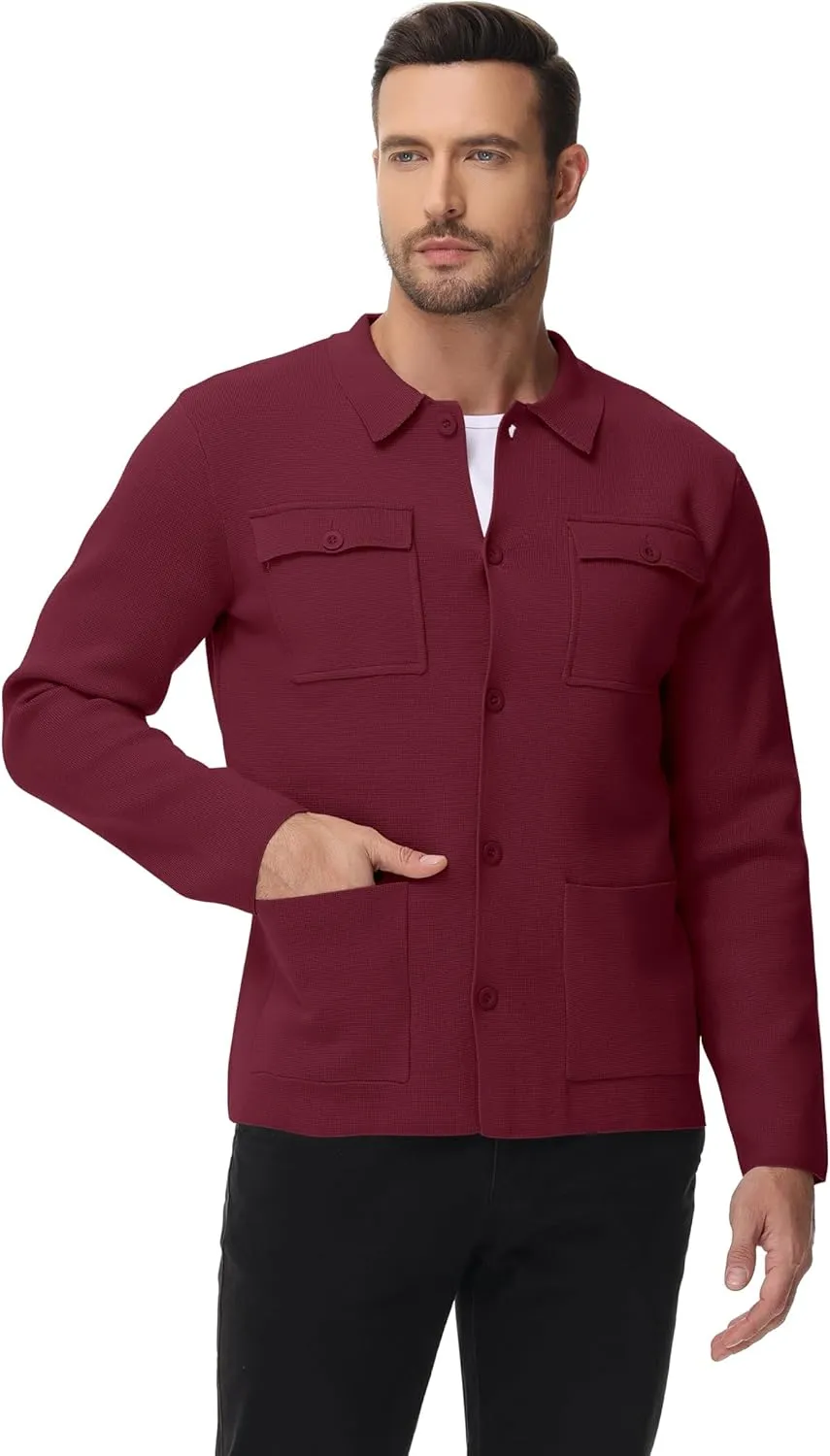 Men's Cardigan Sweater Casual Chunky Knit Multi-Pocket Lapel Collar Button Down Long Sleeve Sweater Fall Winter 2024