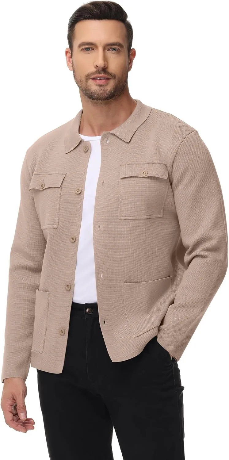 Men's Cardigan Sweater Casual Chunky Knit Multi-Pocket Lapel Collar Button Down Long Sleeve Sweater Fall Winter 2024