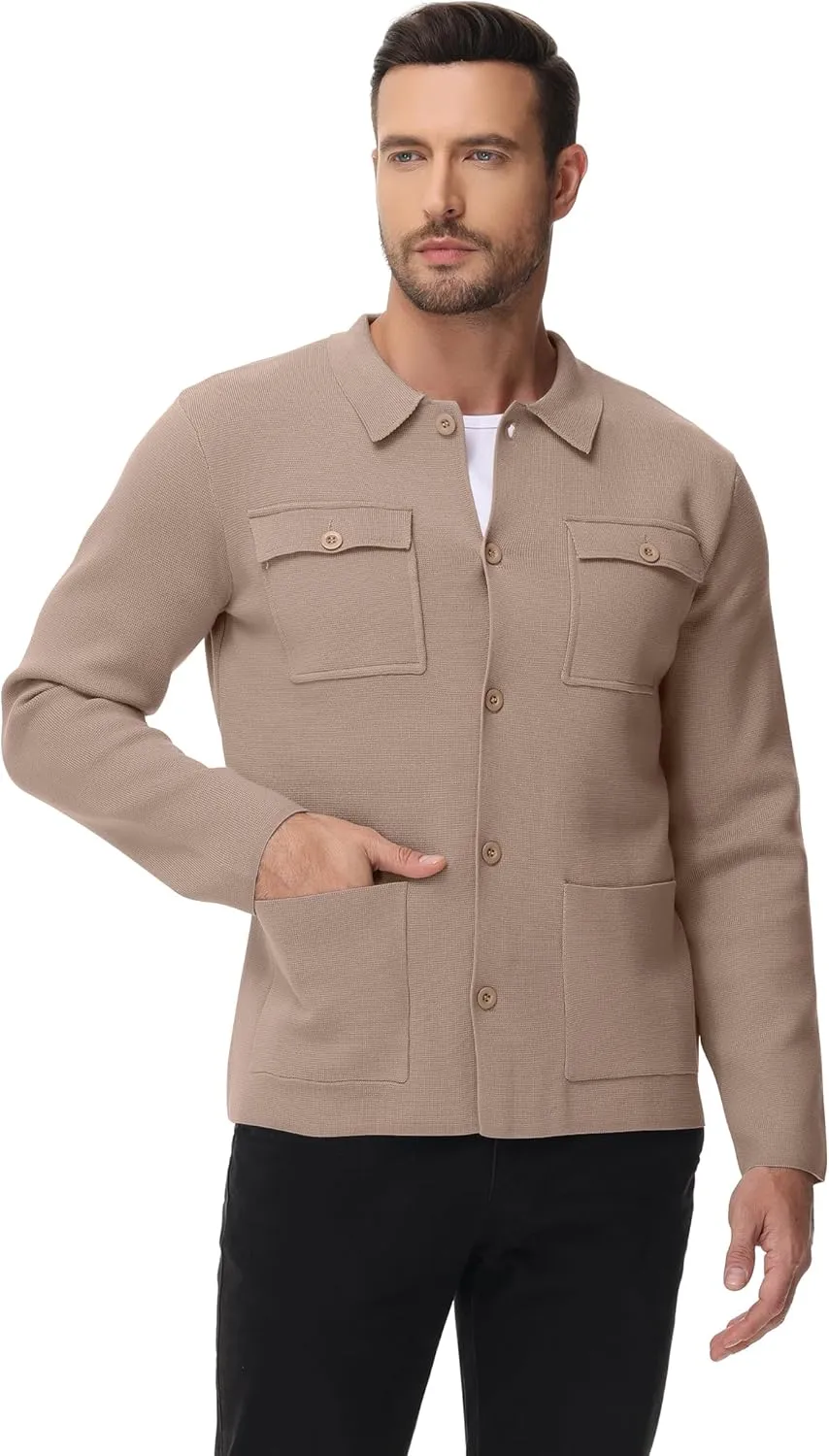 Men's Cardigan Sweater Casual Chunky Knit Multi-Pocket Lapel Collar Button Down Long Sleeve Sweater Fall Winter 2024