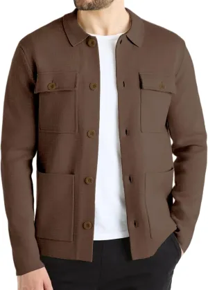 Men's Cardigan Sweater Casual Chunky Knit Multi-Pocket Lapel Collar Button Down Long Sleeve Sweater Fall Winter 2024