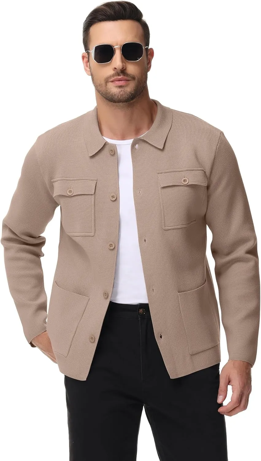 Men's Cardigan Sweater Casual Chunky Knit Multi-Pocket Lapel Collar Button Down Long Sleeve Sweater Fall Winter 2024