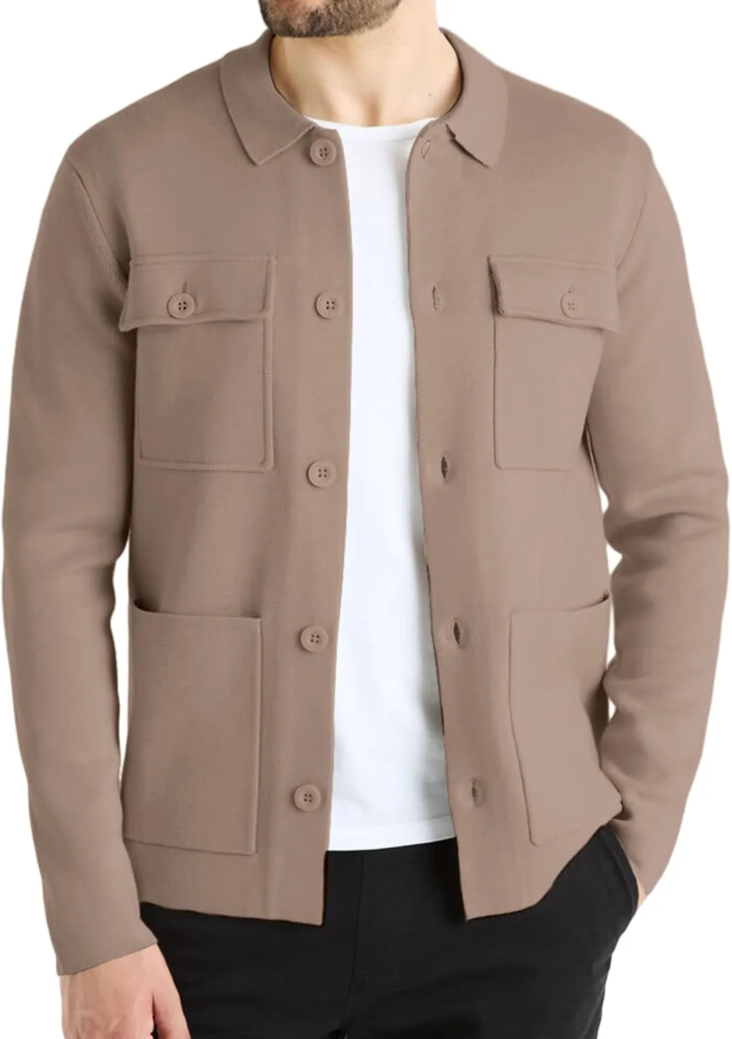 Men's Cardigan Sweater Casual Chunky Knit Multi-Pocket Lapel Collar Button Down Long Sleeve Sweater Fall Winter 2024