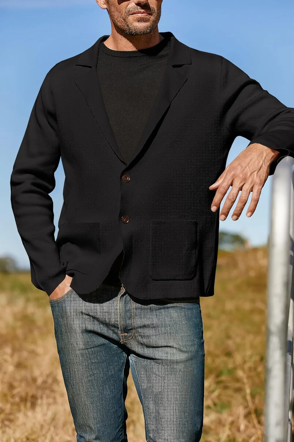 Mens Cardigan Sweater Knit Blazer Suit Jacket Casual Two Button Lightweight Sport Coat with Pockets